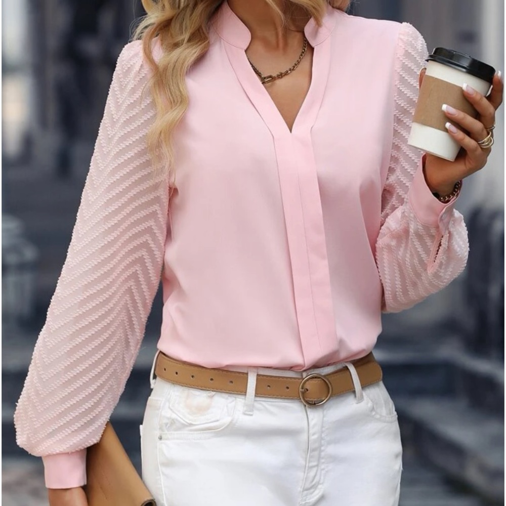 New pink notched neck long sleeve blouse - Picture 3 of 8